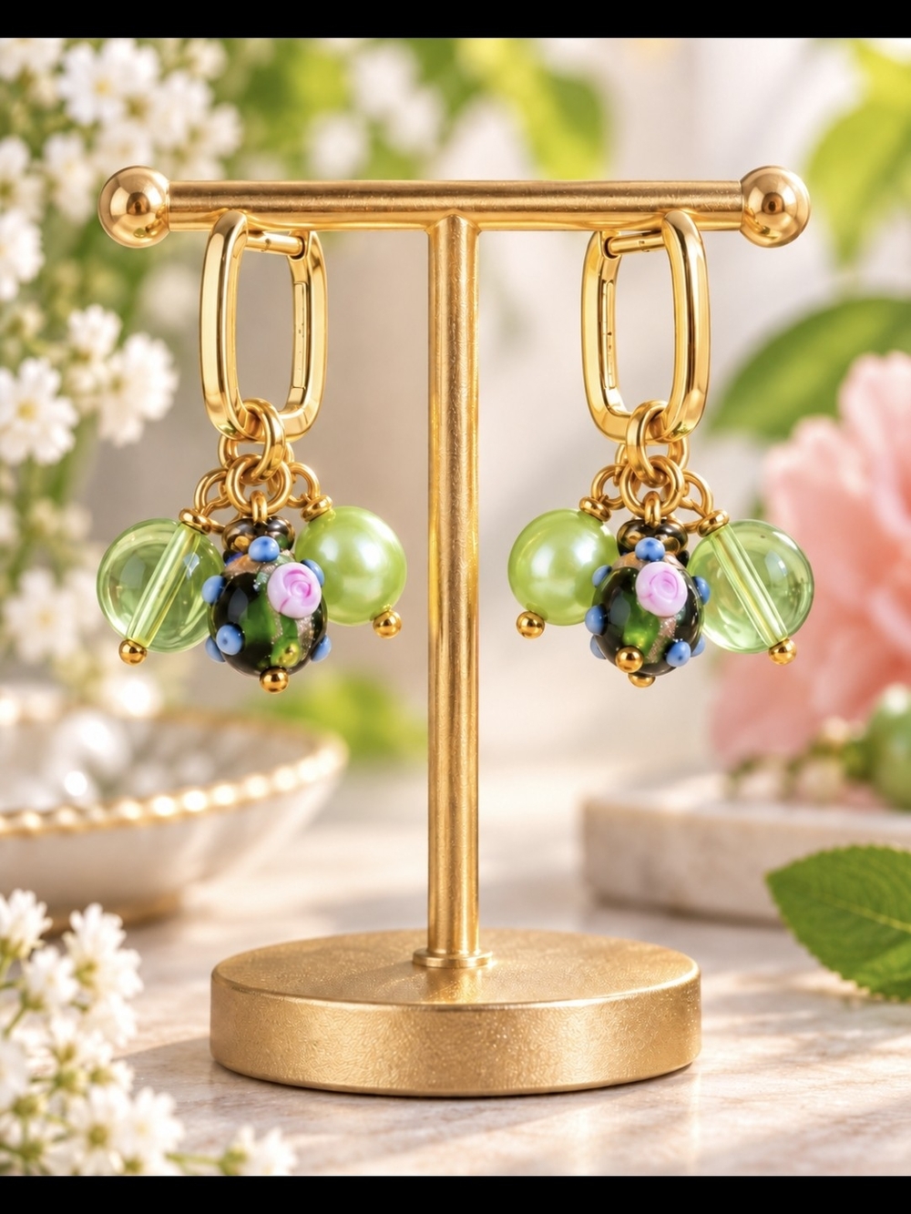 18k Gold Plated Hoop Earrings Wedding Cake Beads Green Freshwater pearl Glass B